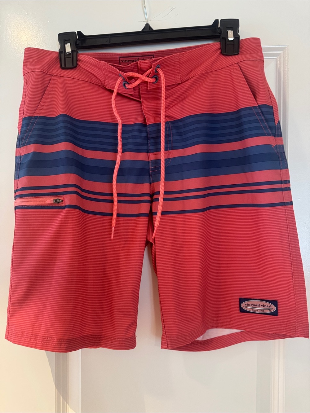 Vineyard Vines Coral Swim Board Shorts with Navy Stripes